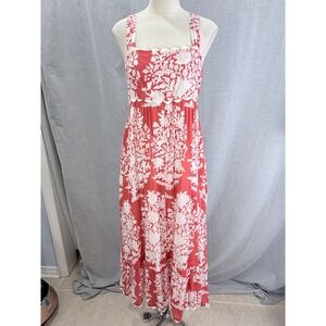 Juliet Dunn London Red White Coral Print Scallop Trim Maxi Dress Size 3